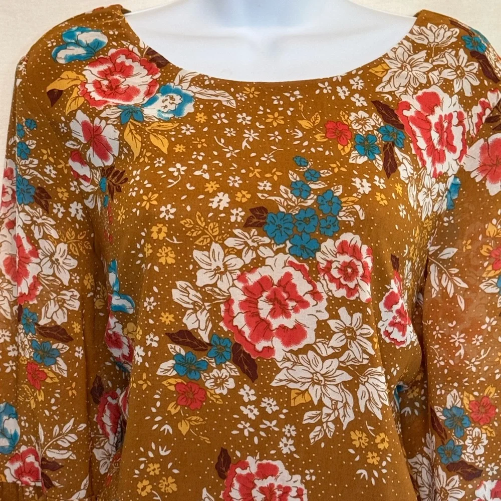 E-187 Charlotte Russe PLUS SIZE 1X Tan Red & Teal Long Bell Sleeve MIDI Dress - Picture 4 of 14